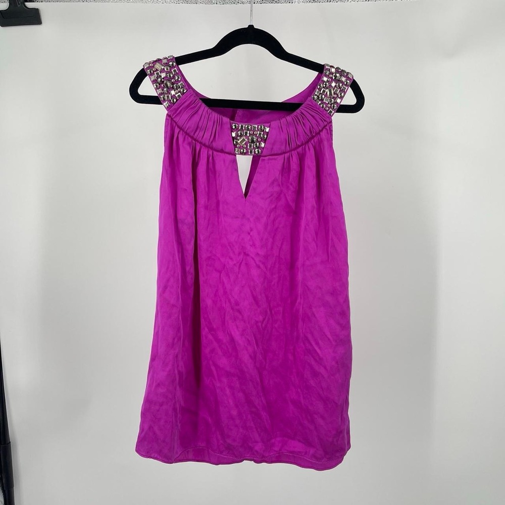 Vintage Y2K Cache Silk Top M High Neck Rhinestone Embellished Party Glam Fuchsia